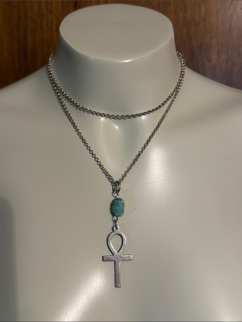 Sterling Silver Ankh Pendant Necklace with Scarab Accent - Women Jewelry
